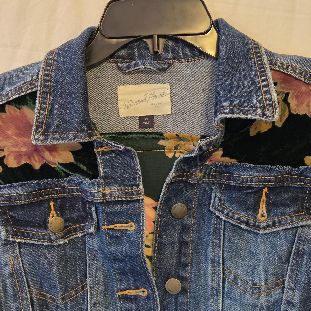 Upcycled Denim Jacket with Floral Sheer Green Panel Inlays Ruffled Sleeves XS - Picture 6 of 14